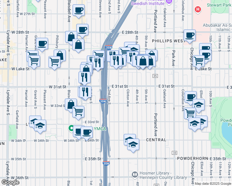 map of restaurants, bars, coffee shops, grocery stores, and more near 3116 3rd Avenue South in Minneapolis