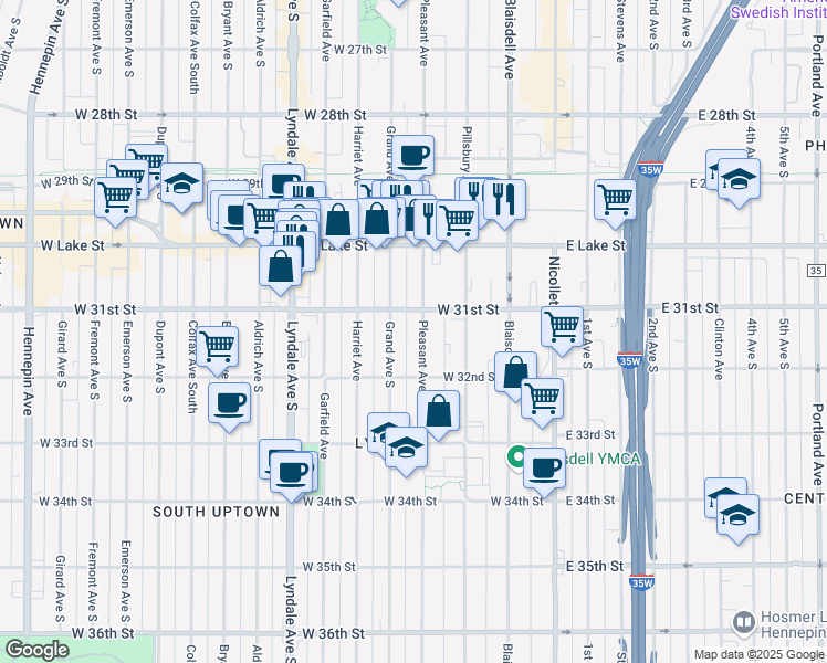 map of restaurants, bars, coffee shops, grocery stores, and more near 3112 Pleasant Avenue in Minneapolis