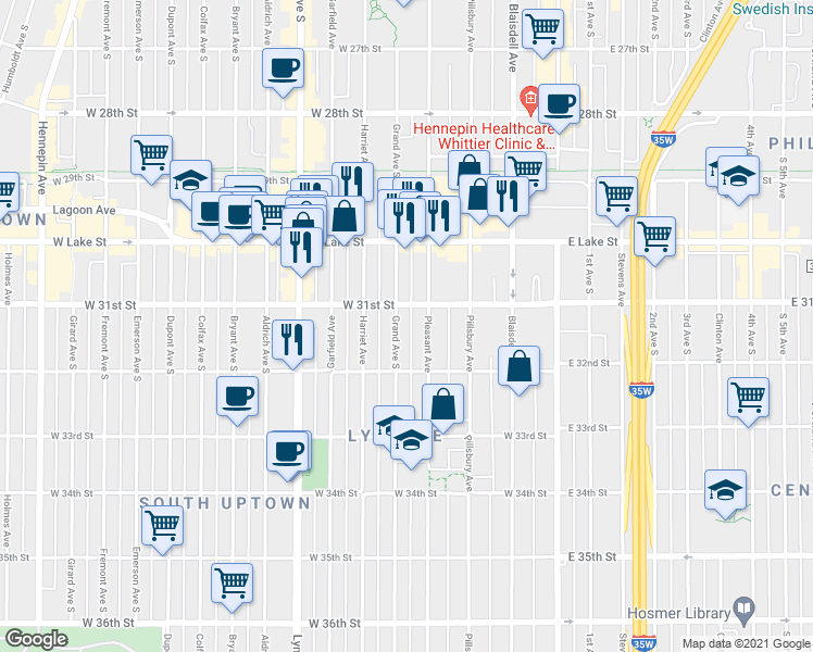 map of restaurants, bars, coffee shops, grocery stores, and more near 3112 Pleasant Avenue in Minneapolis