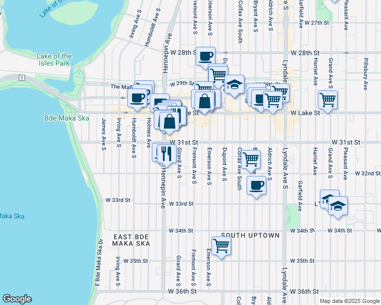 map of restaurants, bars, coffee shops, grocery stores, and more near 3115 Fremont Avenue South in Minneapolis