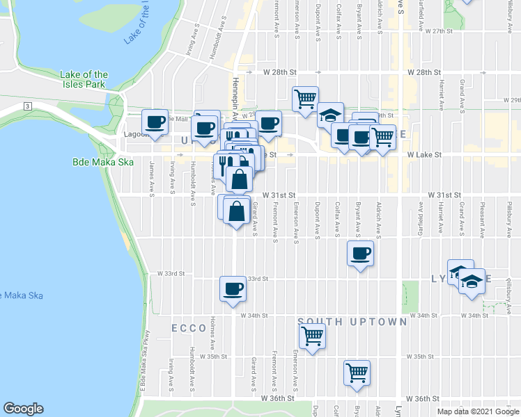 map of restaurants, bars, coffee shops, grocery stores, and more near 3108 Girard Avenue South in Minneapolis