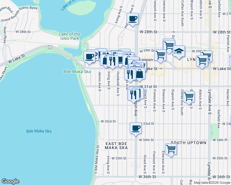 map of restaurants, bars, coffee shops, grocery stores, and more near 3111 Irving Avenue South in Minneapolis