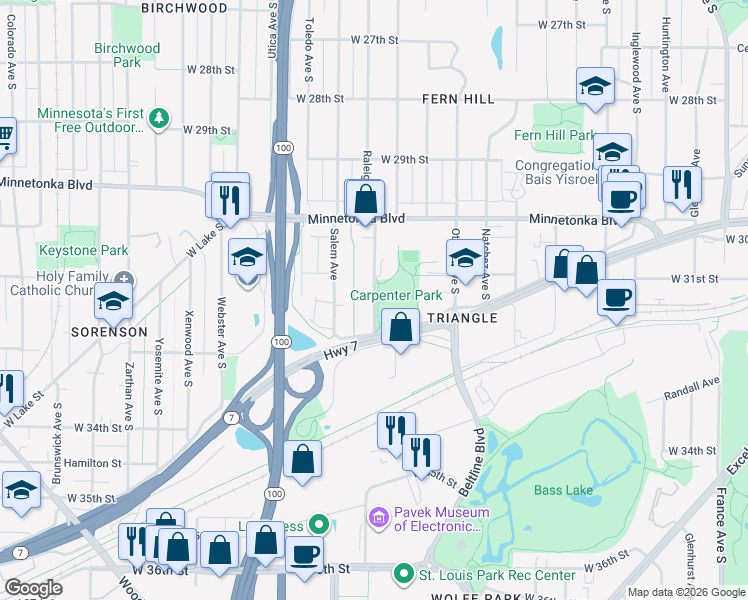 map of restaurants, bars, coffee shops, grocery stores, and more near in Minneapolis