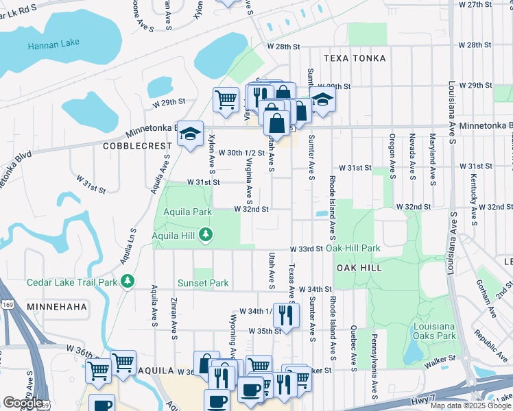 map of restaurants, bars, coffee shops, grocery stores, and more near 3150 Utah Avenue South in Minneapolis