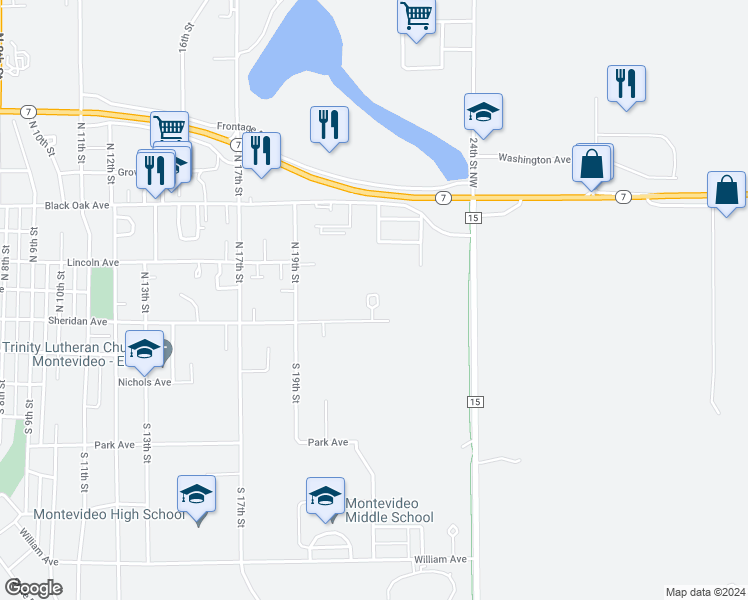 map of restaurants, bars, coffee shops, grocery stores, and more near 2101 Sheridan Avenue in Montevideo