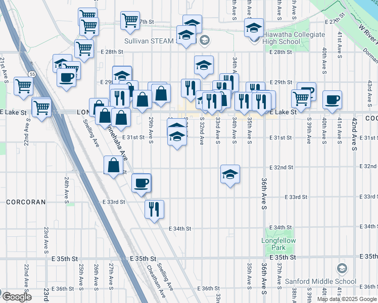 map of restaurants, bars, coffee shops, grocery stores, and more near 3125 South 31st Avenue in Minneapolis