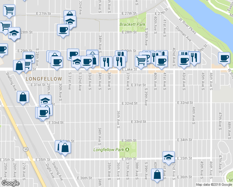 map of restaurants, bars, coffee shops, grocery stores, and more near 3124 36th Avenue South in Minneapolis
