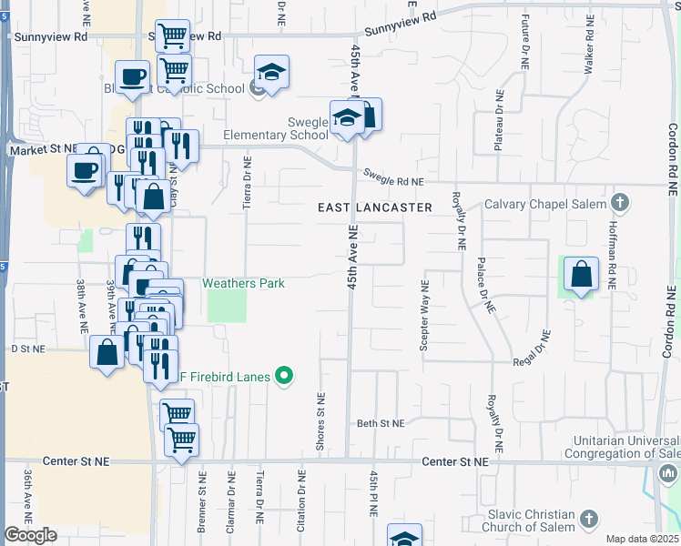 map of restaurants, bars, coffee shops, grocery stores, and more near Weathers St. to 45th Avenue pedestrian walkway in Salem