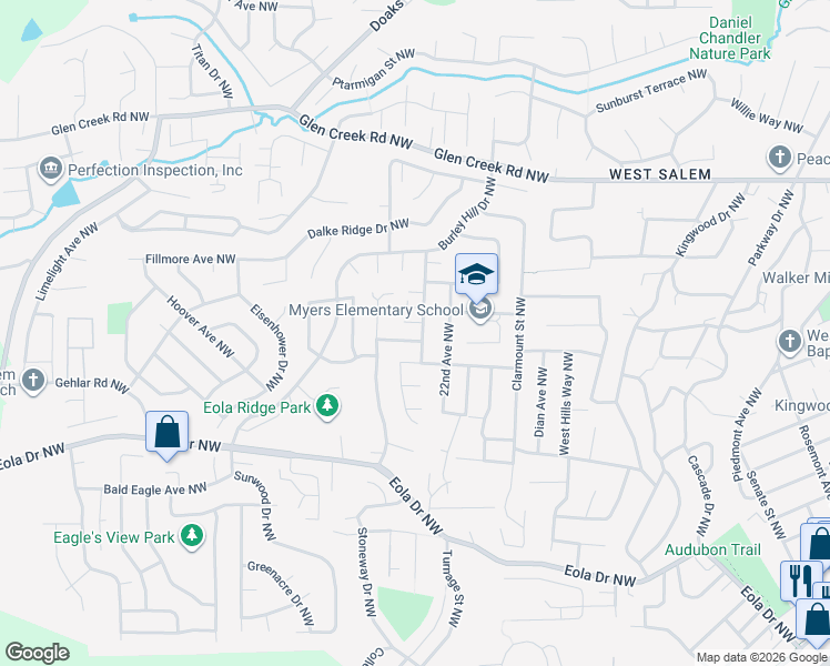 map of restaurants, bars, coffee shops, grocery stores, and more near 2305 Desert Deer Avenue Northwest in Salem