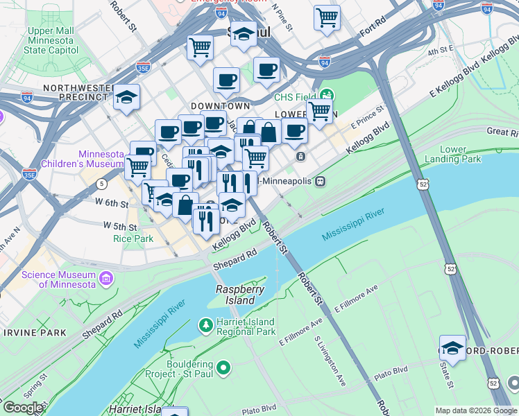 map of restaurants, bars, coffee shops, grocery stores, and more near 300 Robert Street North in Saint Paul