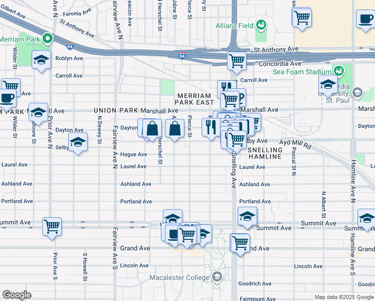 map of restaurants, bars, coffee shops, grocery stores, and more near 1669 Hague Avenue in Saint Paul