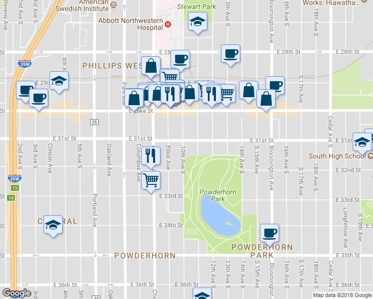 map of restaurants, bars, coffee shops, grocery stores, and more near 3113 10th Avenue South in Minneapolis