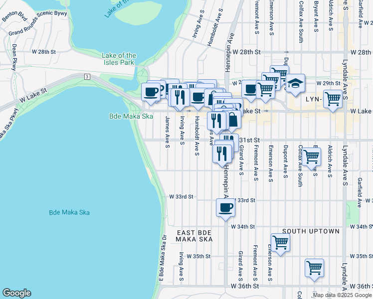map of restaurants, bars, coffee shops, grocery stores, and more near 3111 Irving Avenue South in Minneapolis