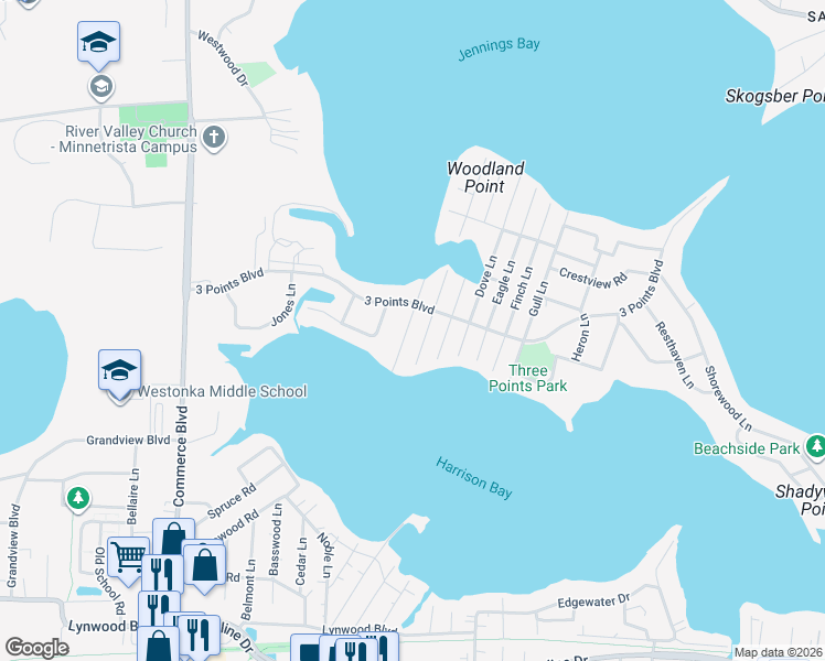 map of restaurants, bars, coffee shops, grocery stores, and more near 1720 Avocet Lane in Mound