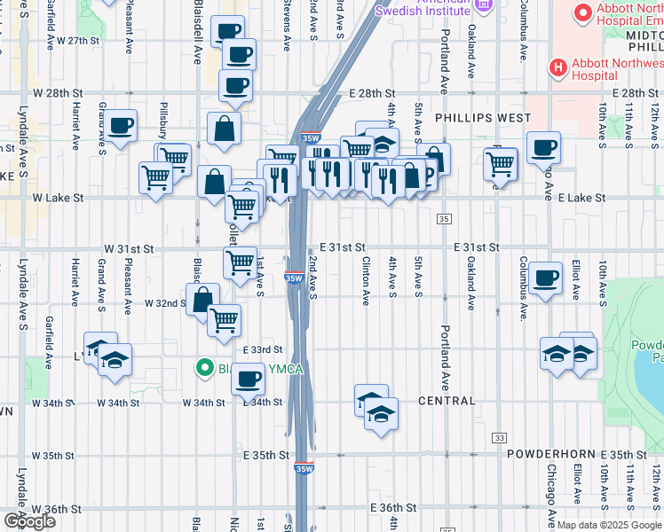map of restaurants, bars, coffee shops, grocery stores, and more near 3116 3rd Avenue South in Minneapolis