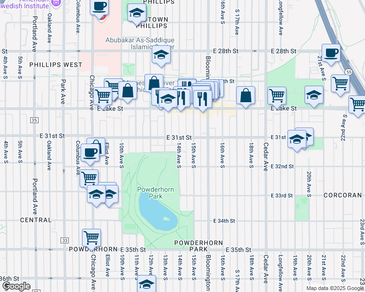 map of restaurants, bars, coffee shops, grocery stores, and more near 3117 14th Avenue South in Minneapolis