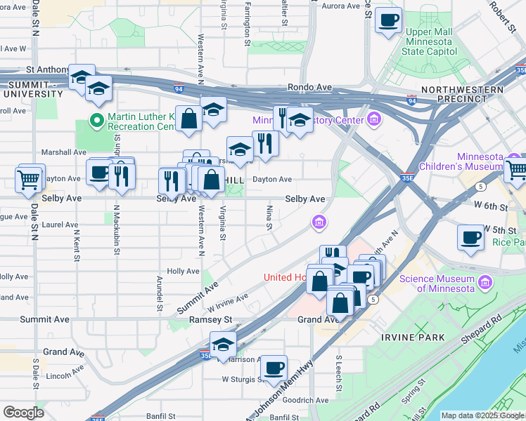 map of restaurants, bars, coffee shops, grocery stores, and more near 157 Nina Street in Saint Paul