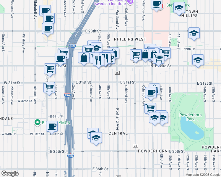 map of restaurants, bars, coffee shops, grocery stores, and more near 3117 5th Avenue South in Minneapolis