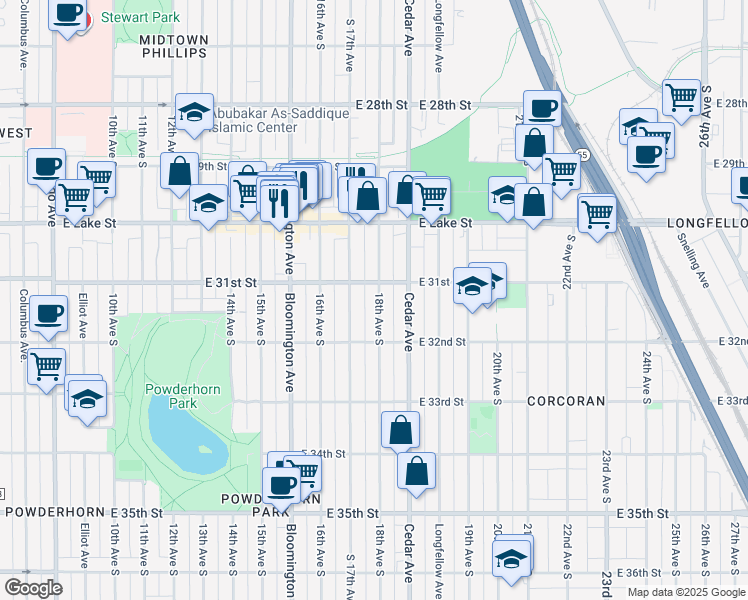 map of restaurants, bars, coffee shops, grocery stores, and more near 3114 18th Avenue South in Minneapolis