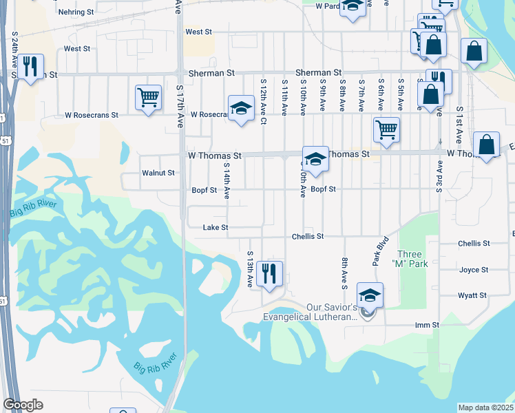 map of restaurants, bars, coffee shops, grocery stores, and more near 1216 S 12th Ave in Wausau