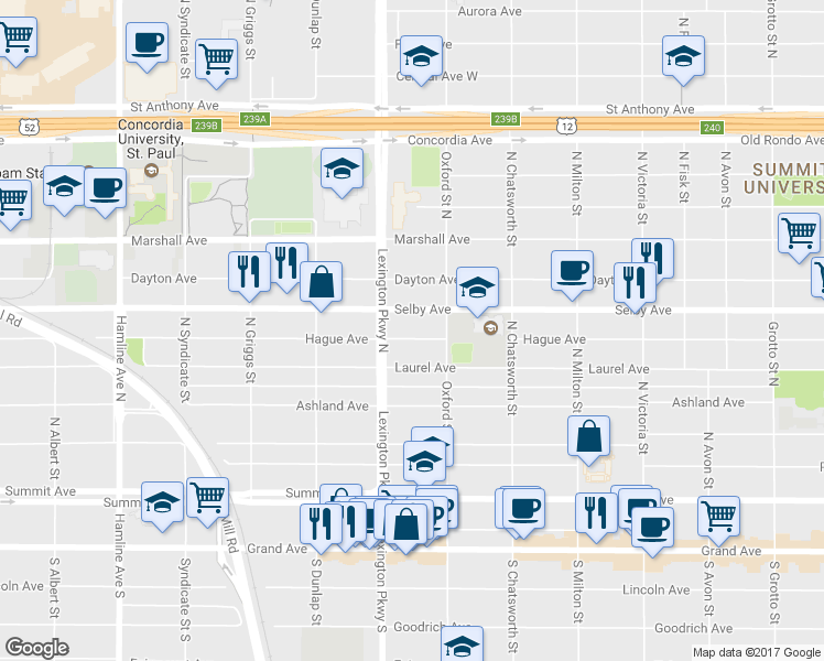 map of restaurants, bars, coffee shops, grocery stores, and more near 1073 Hague Avenue in Saint Paul