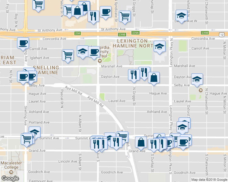 map of restaurants, bars, coffee shops, grocery stores, and more near 1285 Hague Avenue in Saint Paul