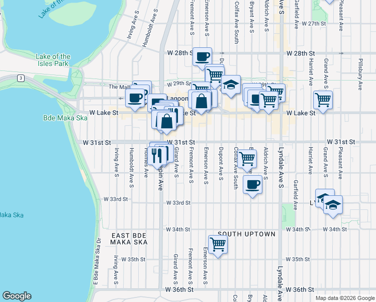 map of restaurants, bars, coffee shops, grocery stores, and more near 3115 Fremont Avenue South in Minneapolis