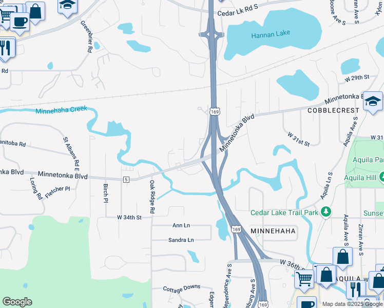 map of restaurants, bars, coffee shops, grocery stores, and more near 9710 Waterstone Place in Hopkins