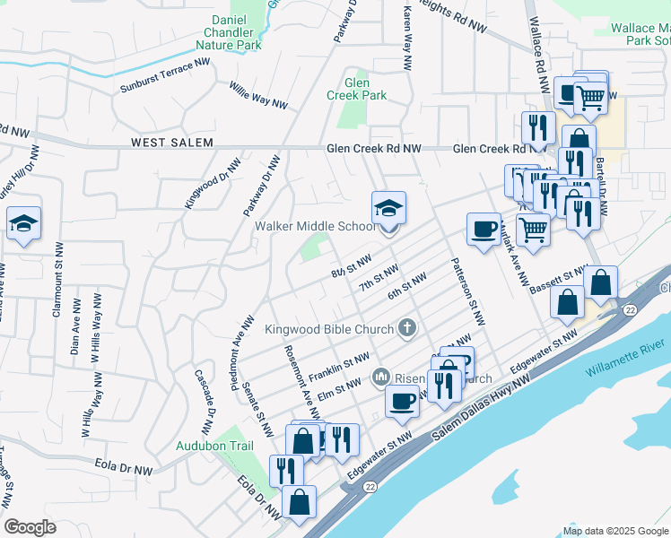 map of restaurants, bars, coffee shops, grocery stores, and more near 776 Gerth Avenue Northwest in Salem