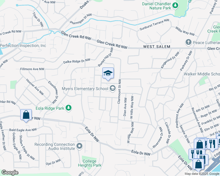 map of restaurants, bars, coffee shops, grocery stores, and more near 2160 Jewel Street Northwest in Salem
