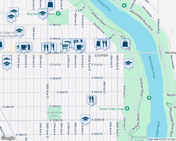 map of restaurants, bars, coffee shops, grocery stores, and more near 3124 42nd Avenue South in Minneapolis