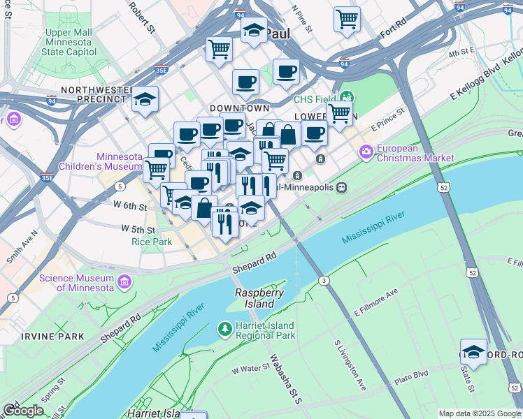 map of restaurants, bars, coffee shops, grocery stores, and more near 300 Robert Street North in Saint Paul