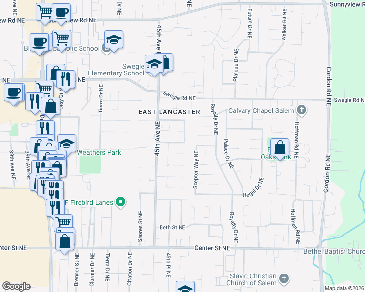 map of restaurants, bars, coffee shops, grocery stores, and more near 4580 Thrush Dr NE in Salem