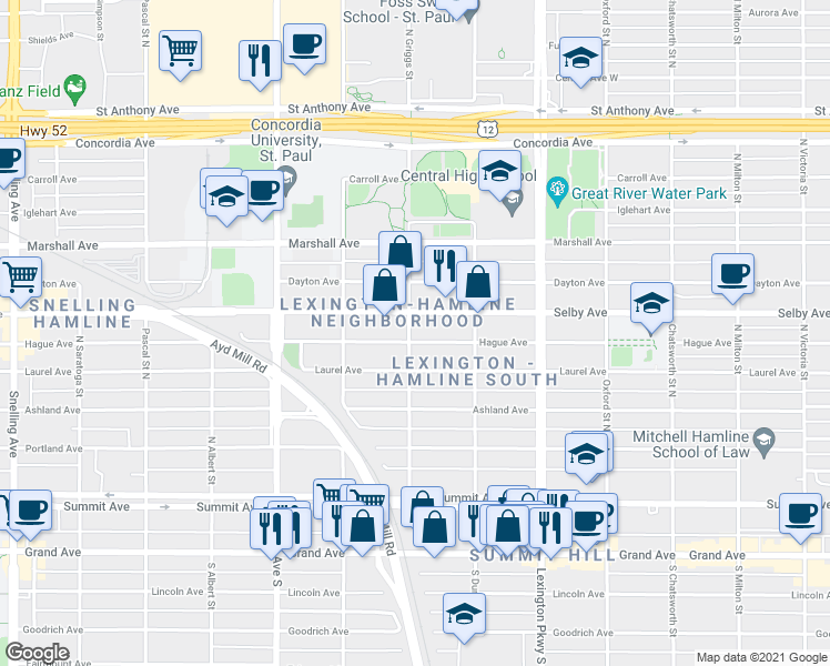 map of restaurants, bars, coffee shops, grocery stores, and more near 1217 Hague Avenue in Saint Paul