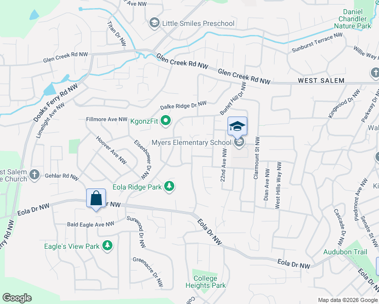 map of restaurants, bars, coffee shops, grocery stores, and more near 849 Mule Deer Street Northwest in Salem