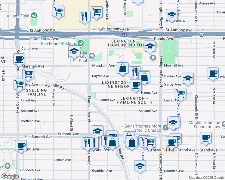 map of restaurants, bars, coffee shops, grocery stores, and more near 1247 Hague Avenue in Saint Paul