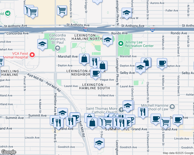 map of restaurants, bars, coffee shops, grocery stores, and more near 1177 Hague Avenue in Saint Paul