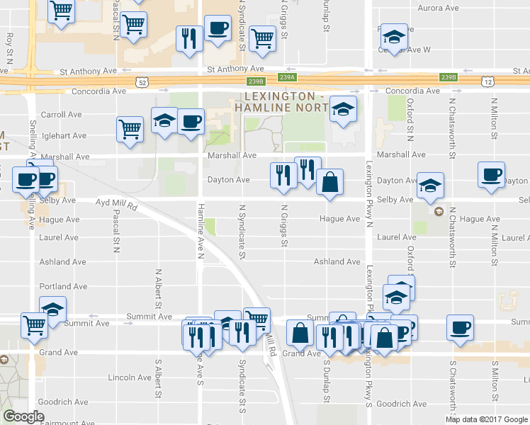 map of restaurants, bars, coffee shops, grocery stores, and more near 1247 Hague Avenue in Saint Paul