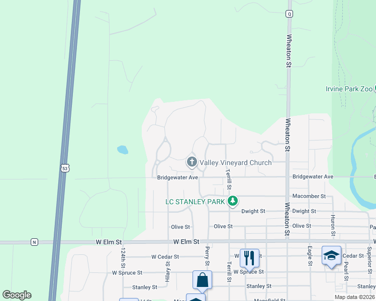map of restaurants, bars, coffee shops, grocery stores, and more near 1640 Timber Trail in Chippewa Falls