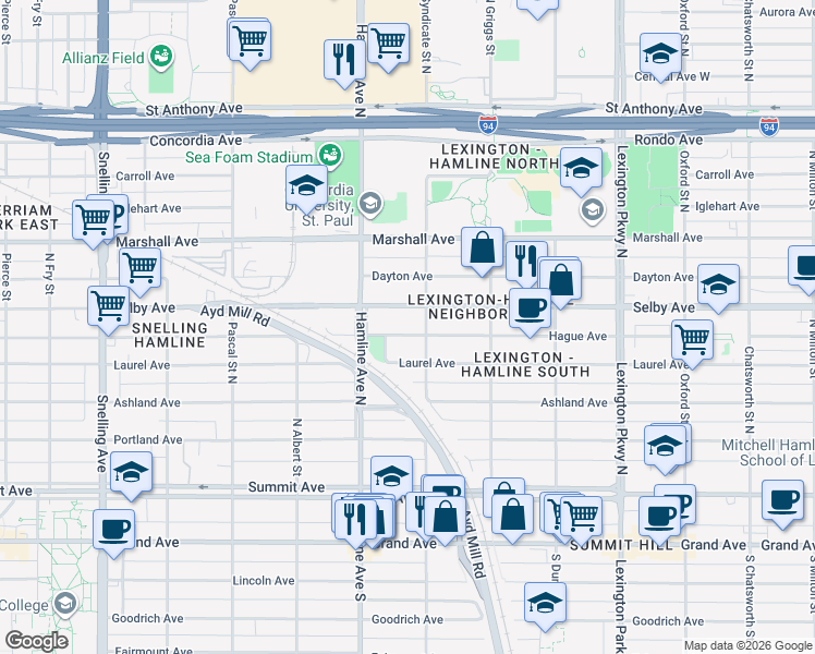 map of restaurants, bars, coffee shops, grocery stores, and more near 1285 Hague Avenue in Saint Paul