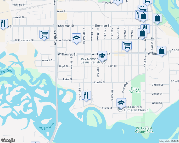 map of restaurants, bars, coffee shops, grocery stores, and more near 1216 South 11th Avenue in Wausau
