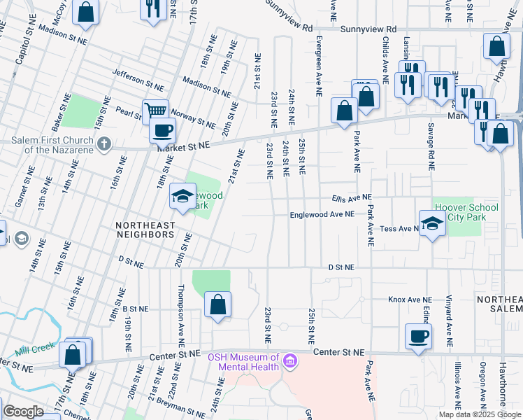 map of restaurants, bars, coffee shops, grocery stores, and more near 2275 Englewood Avenue Northeast in Salem