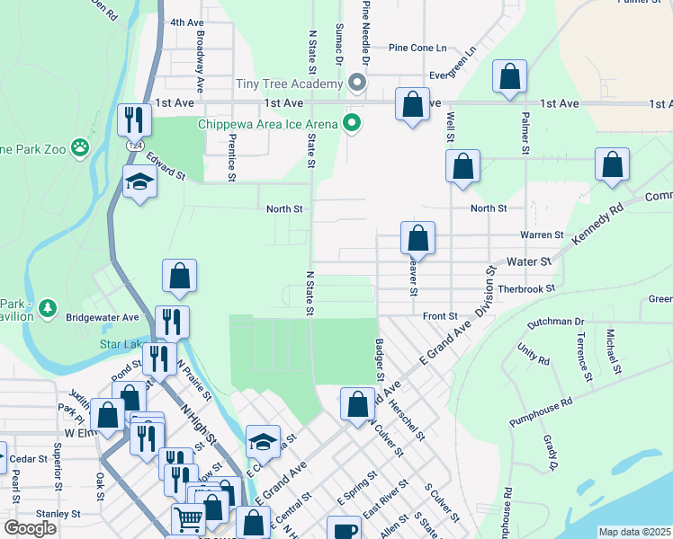 map of restaurants, bars, coffee shops, grocery stores, and more near 727 Water Street in Chippewa Falls