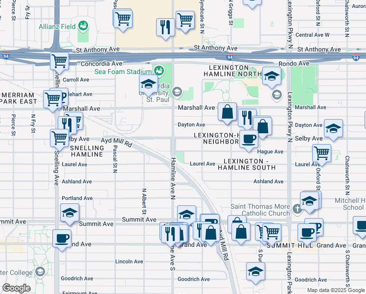 map of restaurants, bars, coffee shops, grocery stores, and more near 1321 Hague Avenue in Saint Paul