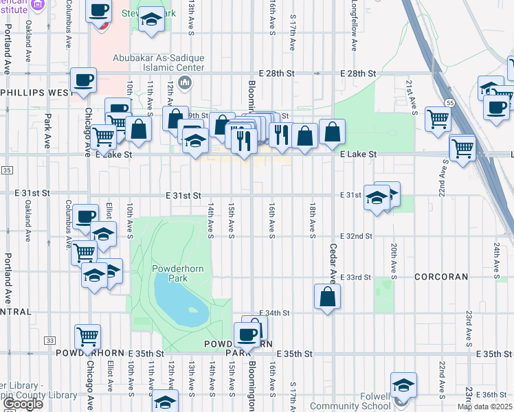 map of restaurants, bars, coffee shops, grocery stores, and more near 3113 Bloomington Avenue in Minneapolis