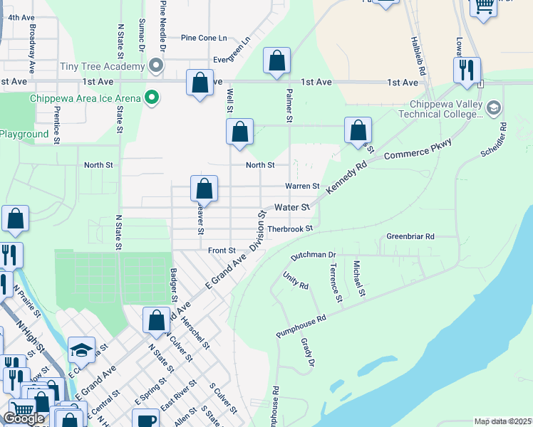 map of restaurants, bars, coffee shops, grocery stores, and more near 1209 Water Street in Chippewa Falls