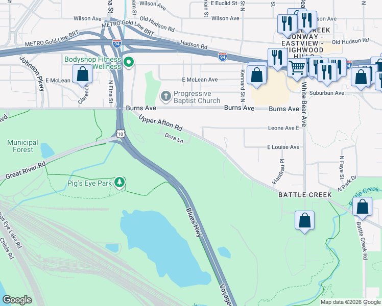 map of restaurants, bars, coffee shops, grocery stores, and more near 1560 Dora Lane in Saint Paul