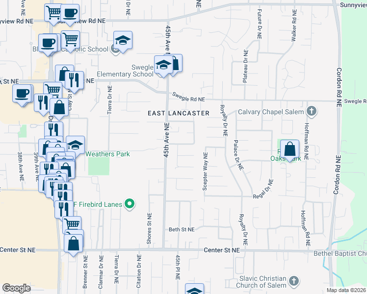 map of restaurants, bars, coffee shops, grocery stores, and more near 4580 Thrush Drive Northeast in Salem