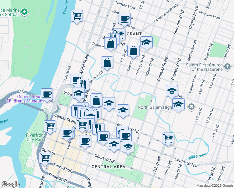 map of restaurants, bars, coffee shops, grocery stores, and more near 728 Church Street Northeast in Salem