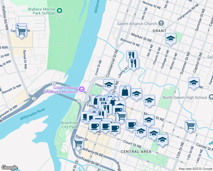 map of restaurants, bars, coffee shops, grocery stores, and more near 610 Commercial Street Northeast in Salem